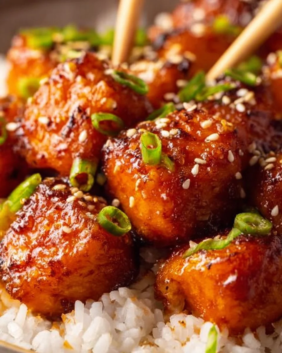 Honey Garlic Salmon Bites served on a plate with garnish