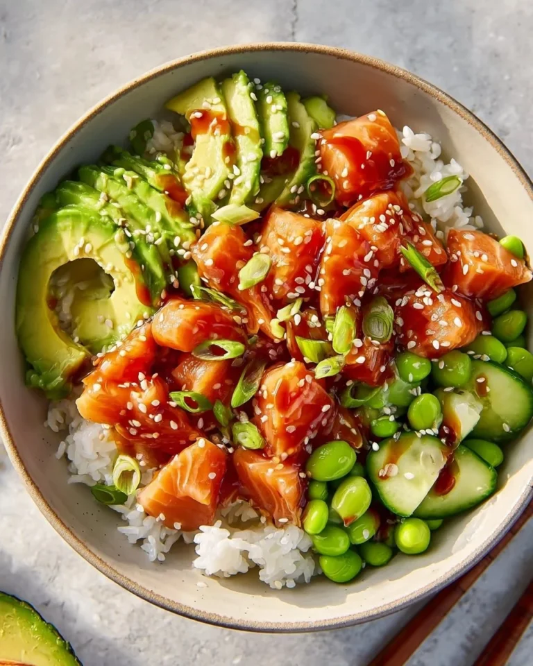 Delicious Honey Sriracha Salmon Bowls topped with fresh vegetables and sauce