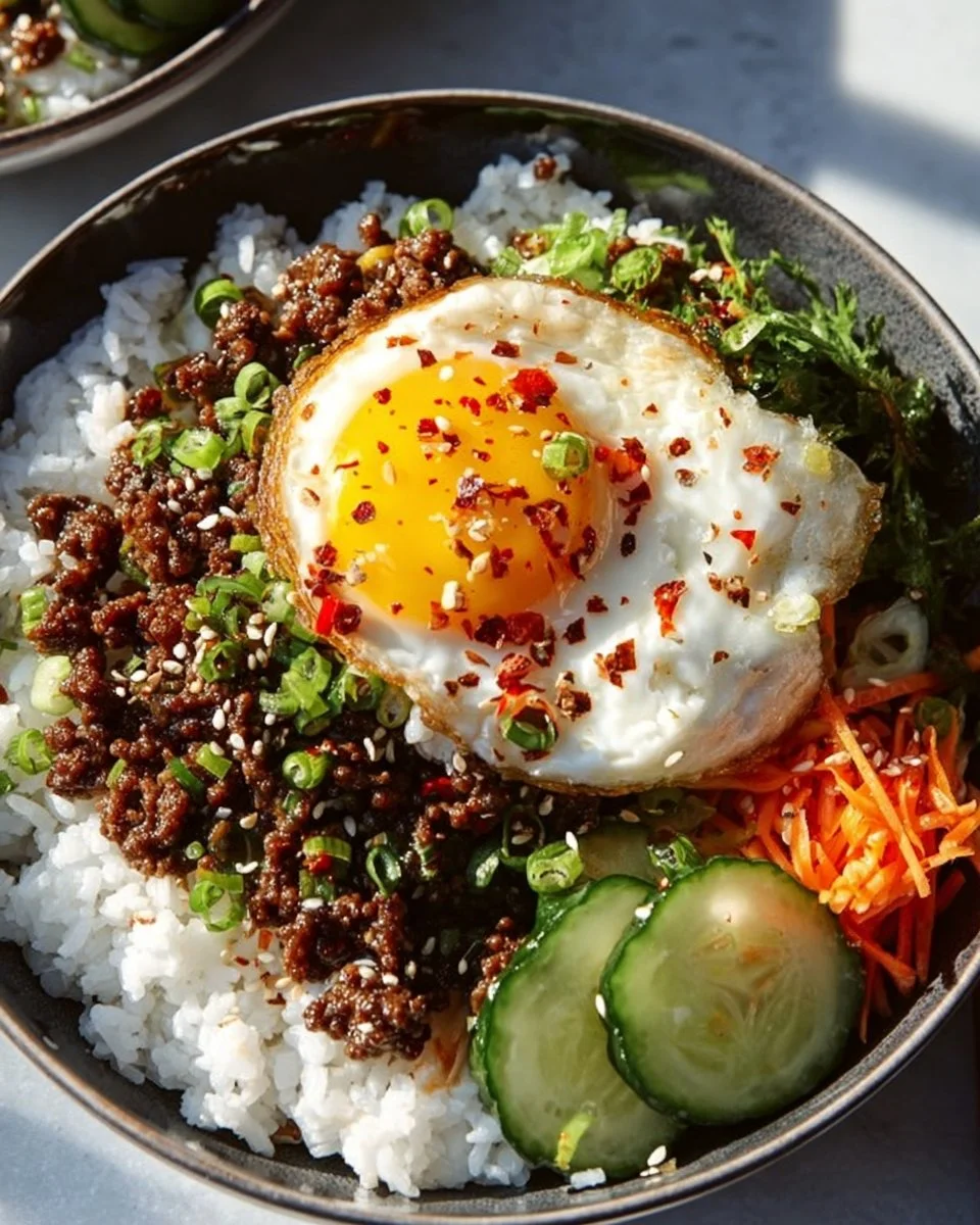 Korean Ground Beef Bowl with vegetables and rice served in a bowl