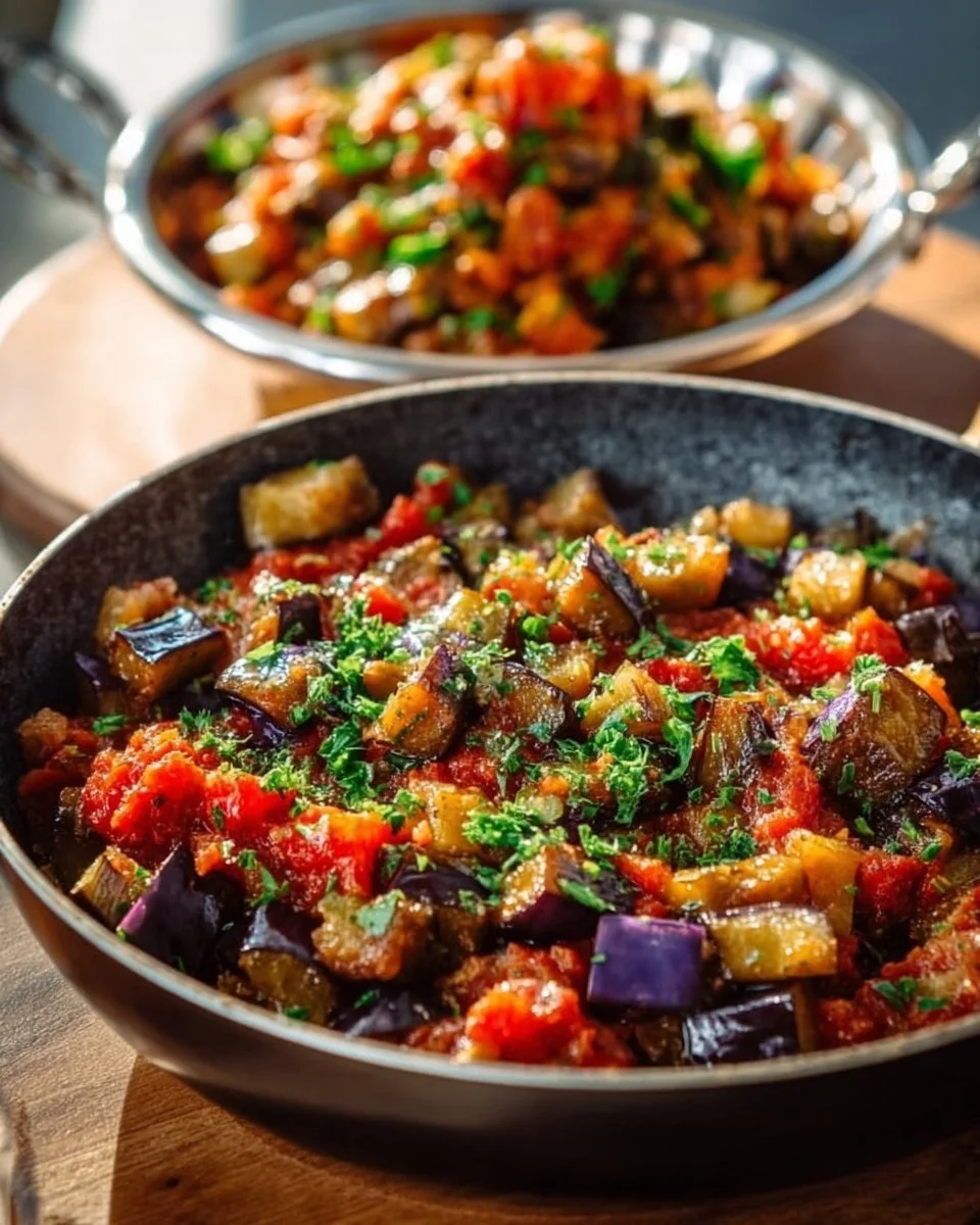 Delicious Mediterranean Eggplant dish garnished with fresh herbs.