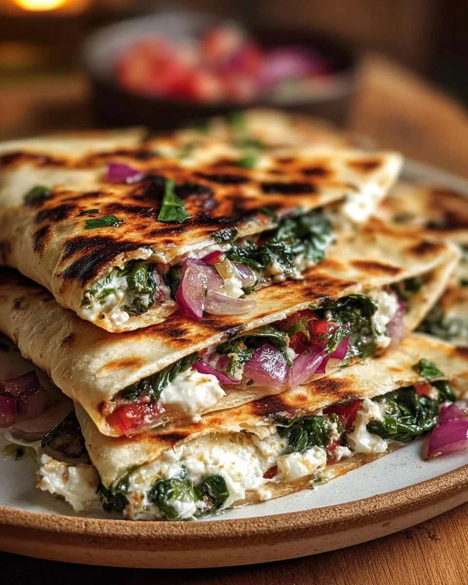 Mediterranean Quesadillas with Spinach, Feta, Mozzarella, and Red Onion