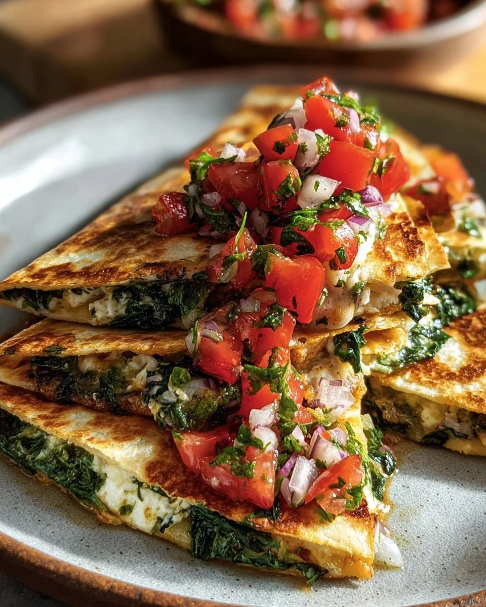 Mediterranean Quesadillas with Spinach, Feta, Mozzarella, and Red Onion