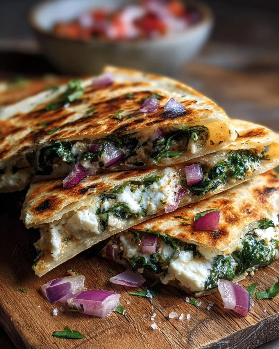Mediterranean Quesadillas with Spinach, Feta, Mozzarella, and Red Onion