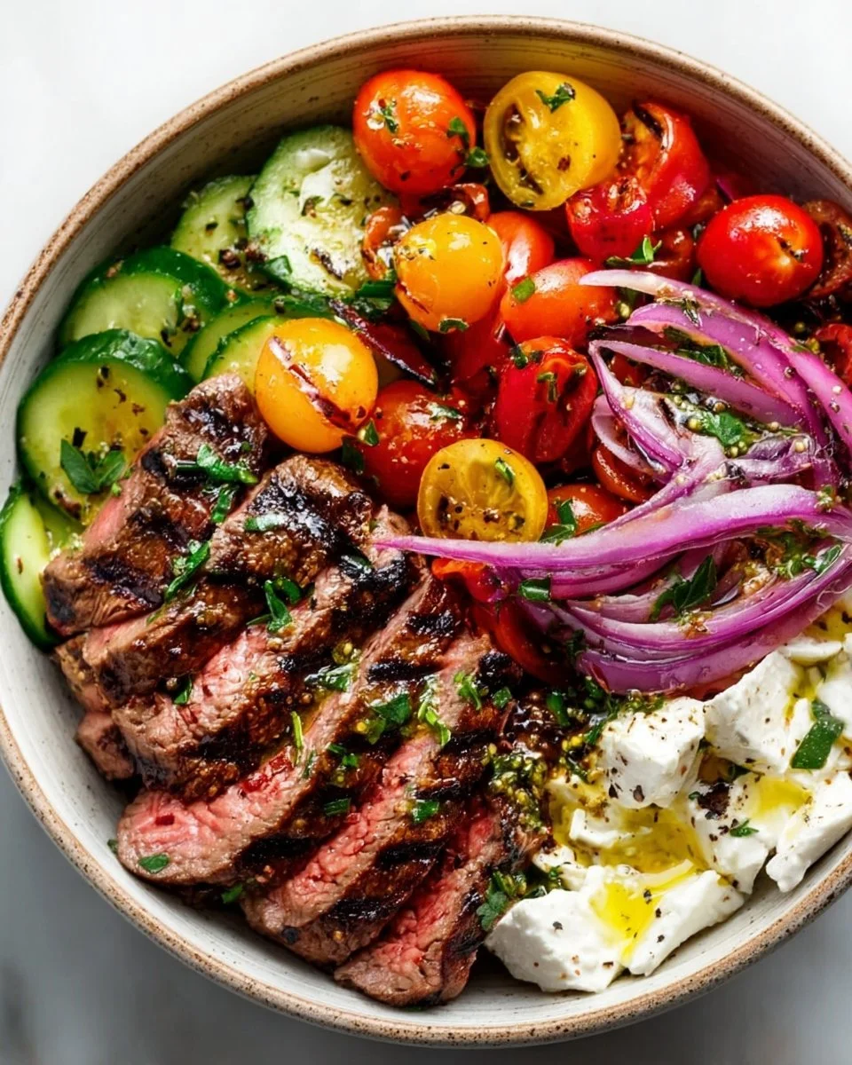 Mediterranean steak bowl with fresh vegetables and spices