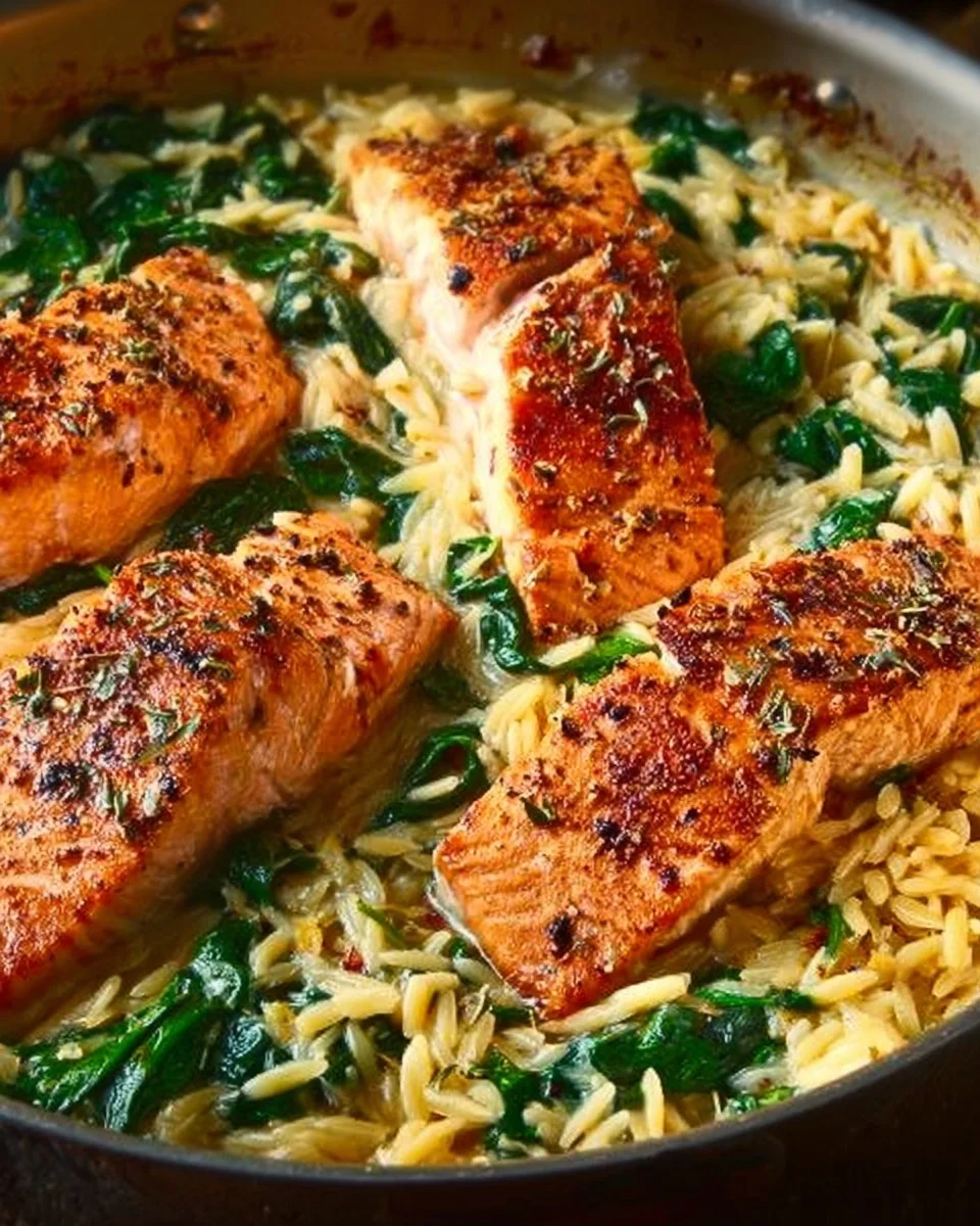 One skillet salmon dish with lemon orzo, garnished with fresh herbs.