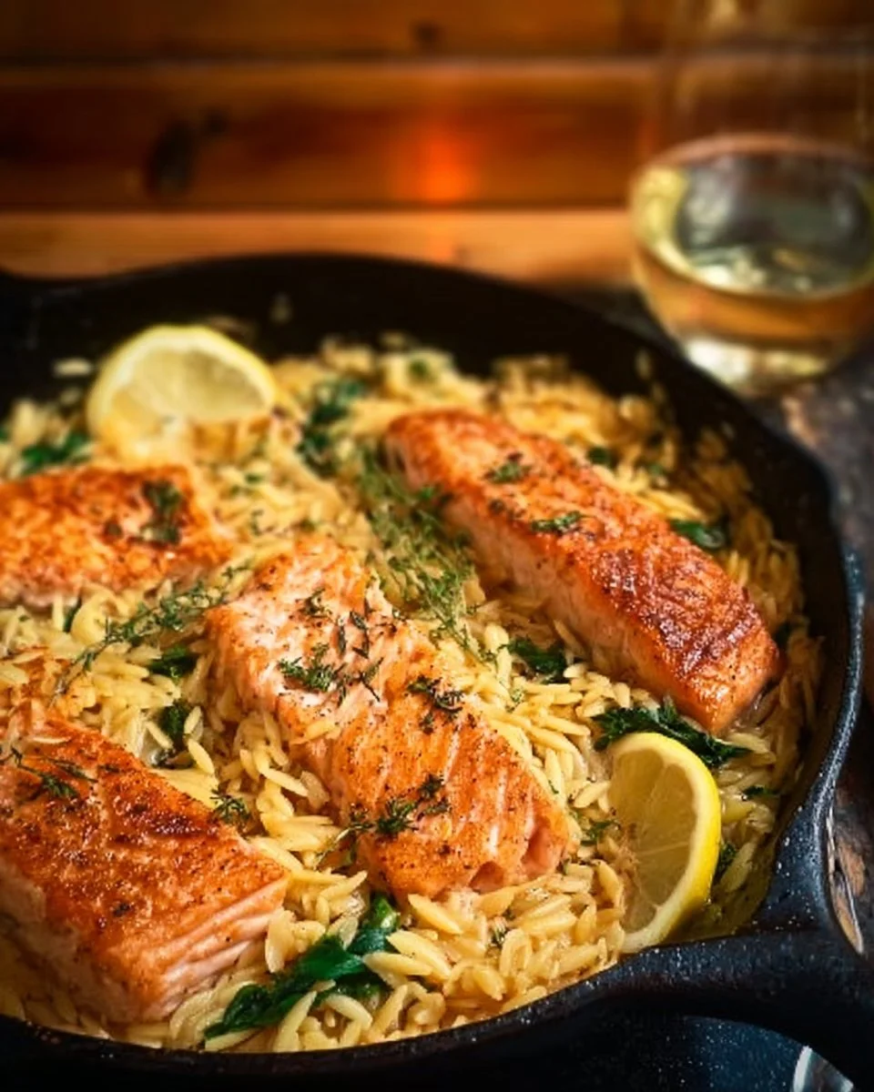 One Skillet Salmon with Lemon Orzo