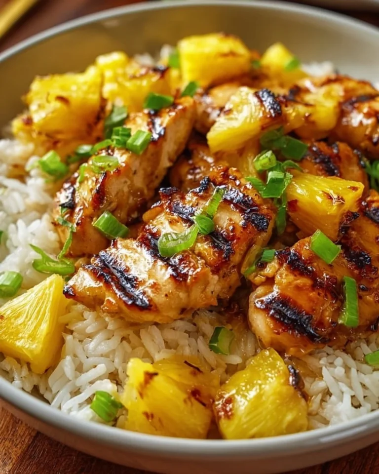 Delicious Pineapple Chicken served with rice, garnished with fresh herbs.