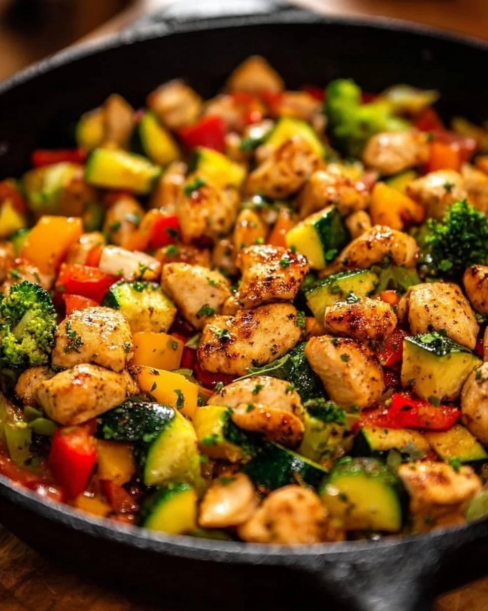 Quick and healthy chicken skillet dish with fresh vegetables and seasonings