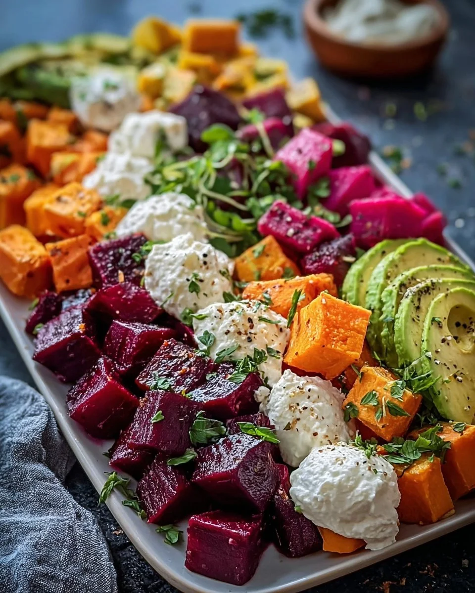 Roasted beet salad with sweet potato, avocado, whipped ricotta, and lemon-tahini drizzle.
