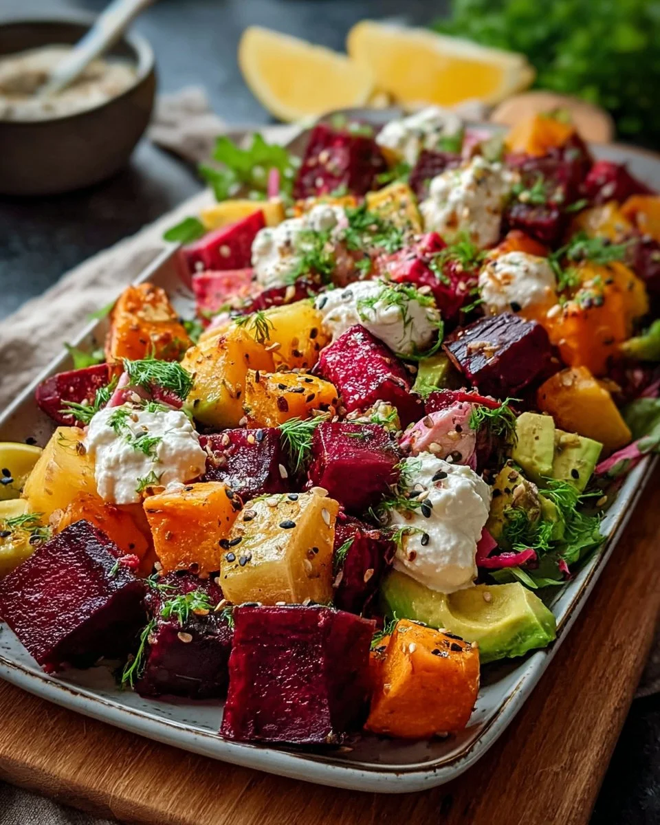 Roasted Beet, Sweet Potato & Avocado Salad with Whipped Ricotta & Lemon-Tahini Drizzle
