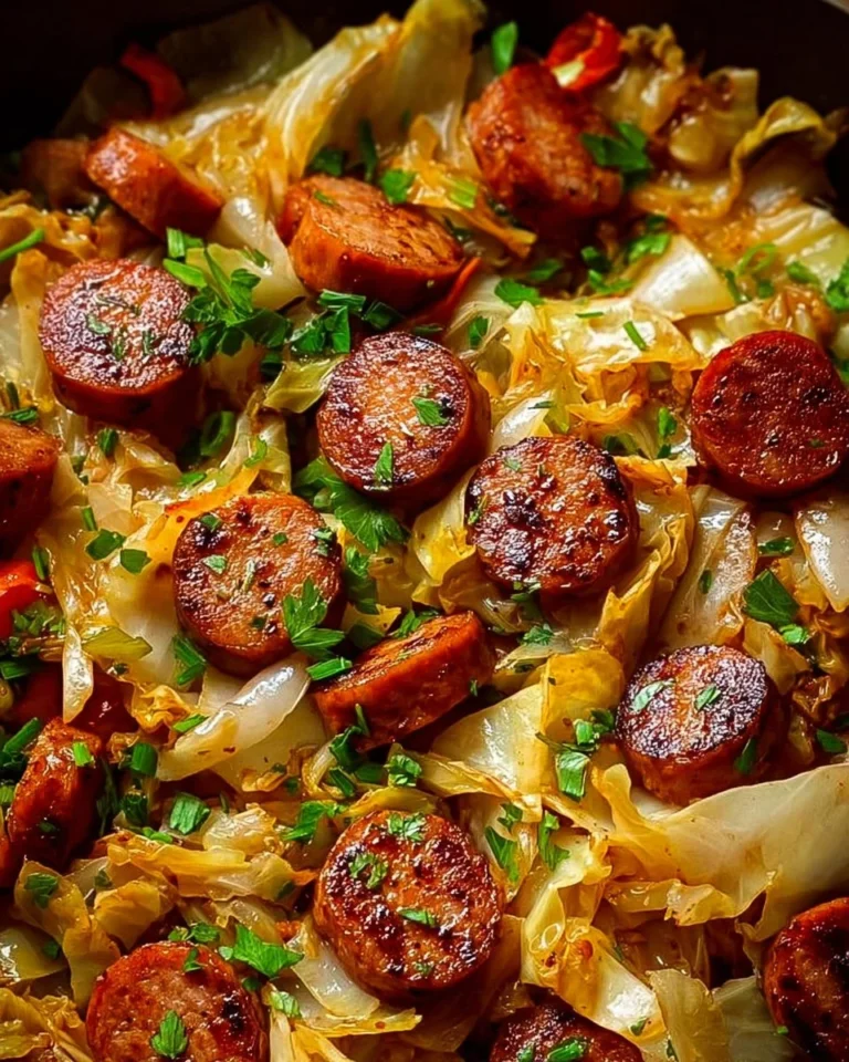 Sausage and cabbage stir fry served in a bowl with colorful vegetables