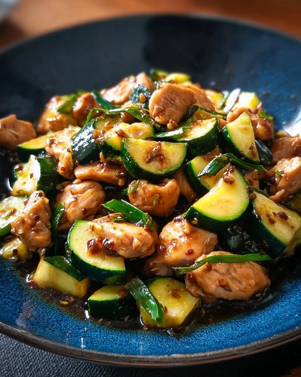 Simple chicken zucchini stir fry with colorful veggies in a skillet