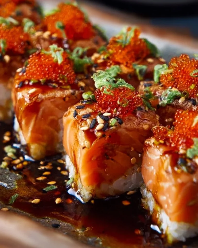 Spicy salmon sushi bake served in a dish with garnishes