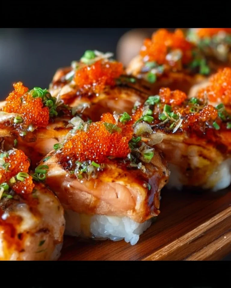 Baked spicy salmon sushi dish served in a casserole for a delicious meal