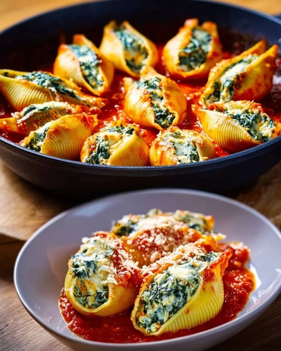 Plate of Spinach and Ricotta Stuffed Shells garnished with herbs.