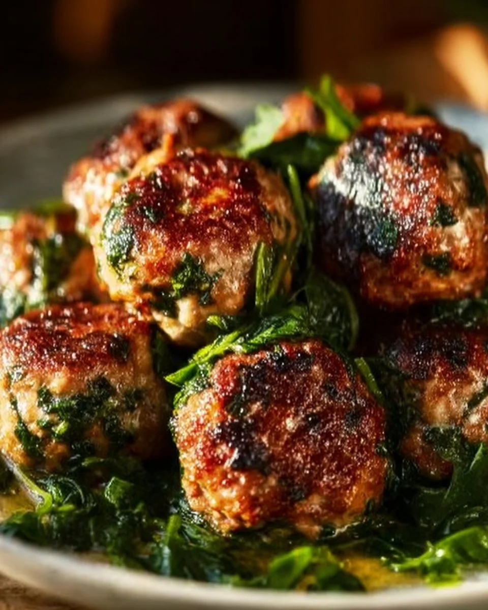 Delicious Spinach Garlic Meatballs served with marinara sauce.