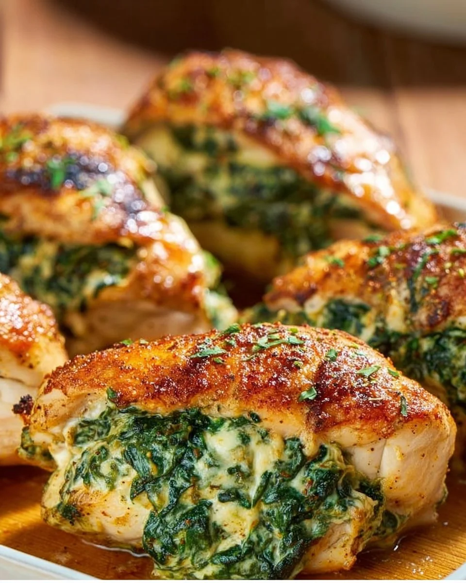 Spinach stuffed chicken breasts garnished with herbs on a white plate.