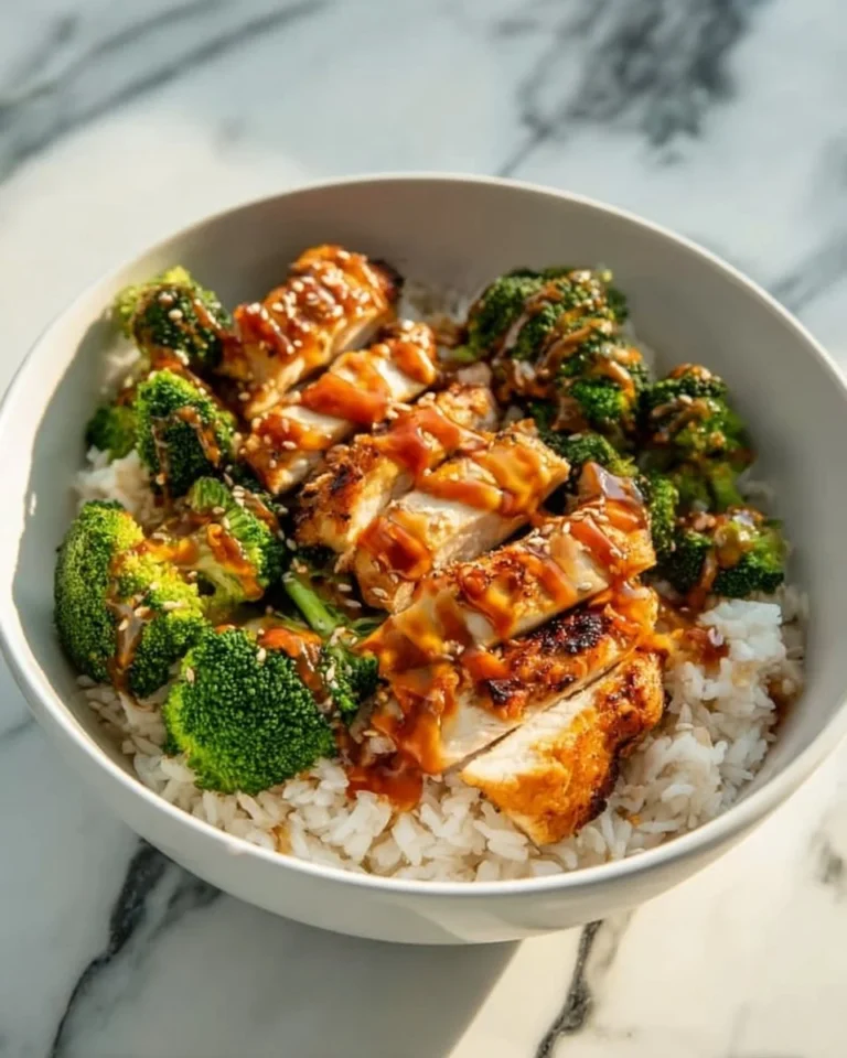 Delicious sticky chicken rice bowls with vibrant vegetables and savory sauce.
