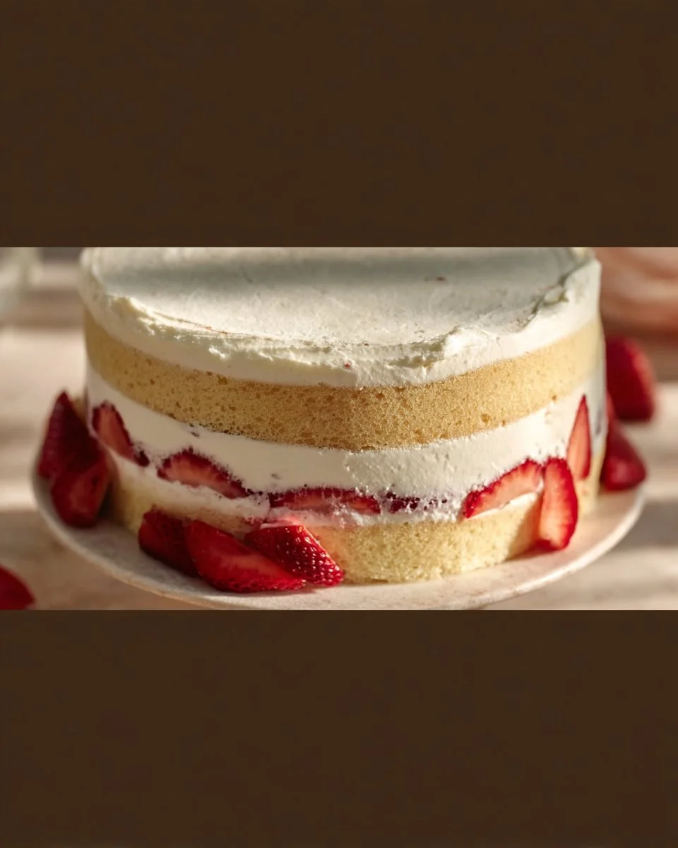 Strawberry Shortcake Layer Cake made with sponge cake and fresh strawberries