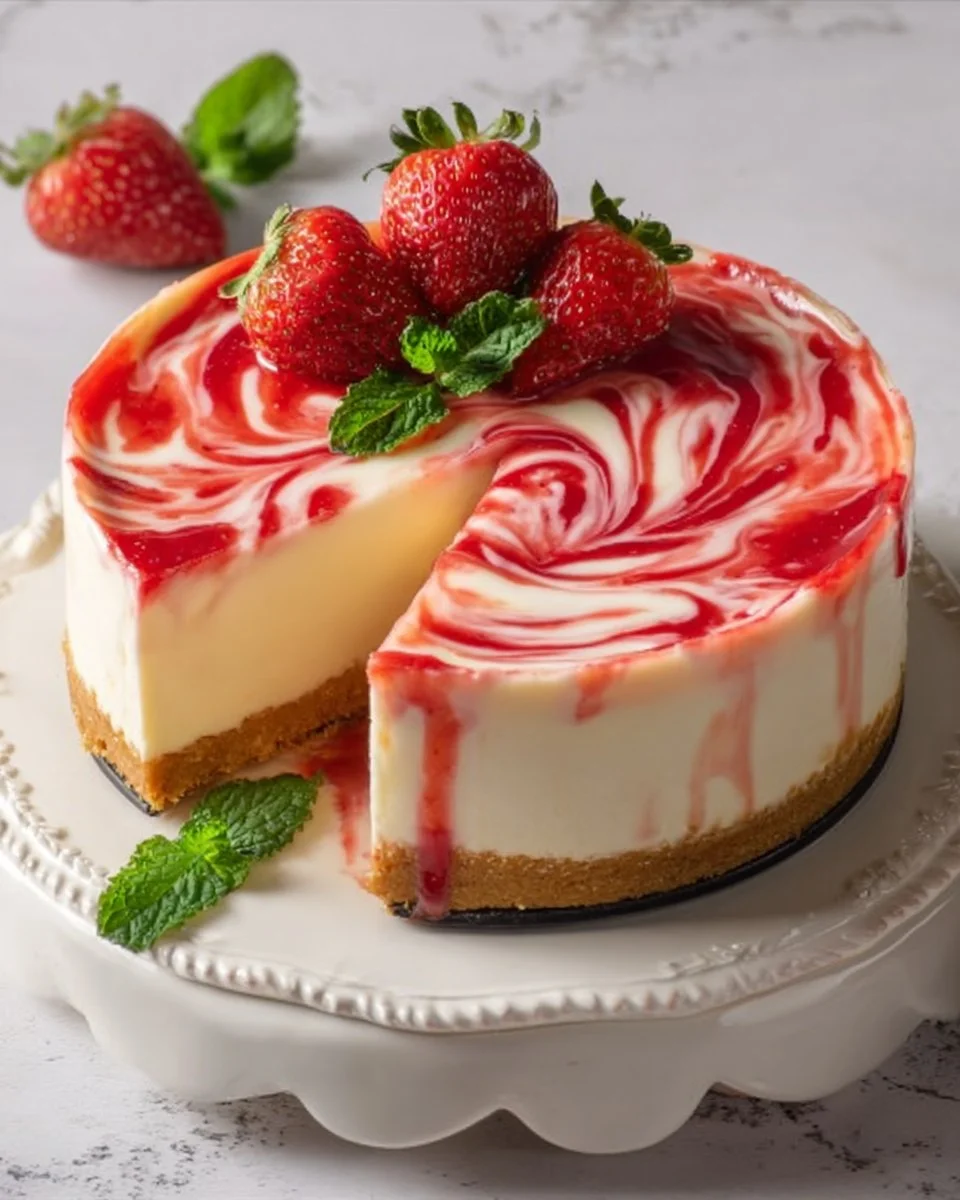 Slice of strawberry swirl cheesecake garnished with fresh strawberries