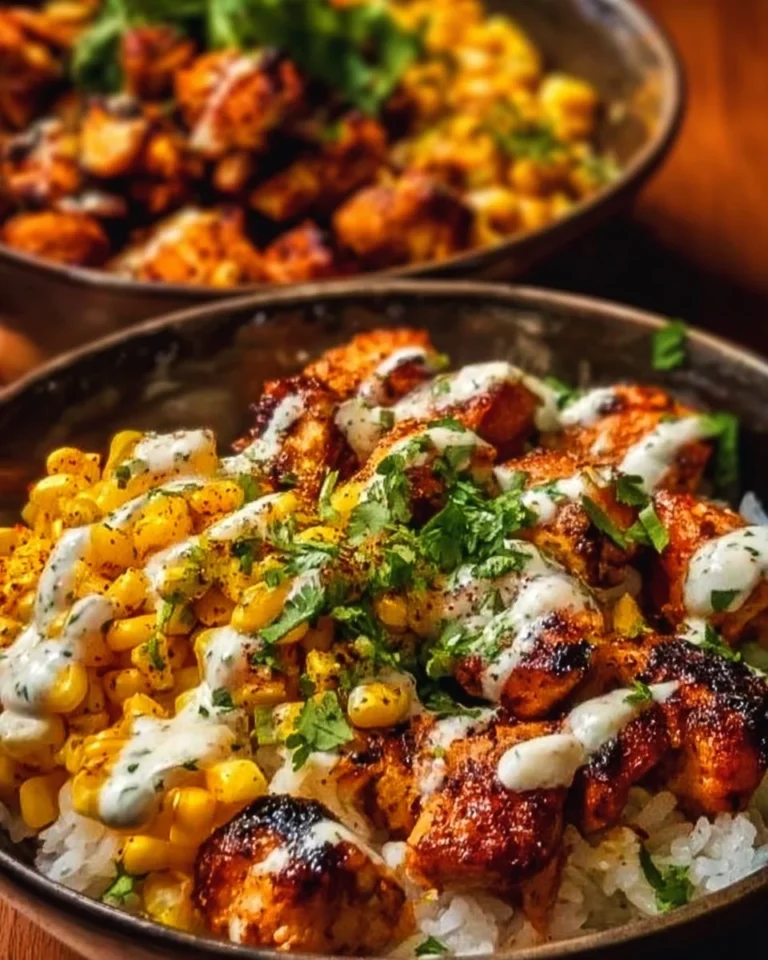 Delicious Street Corn Chicken Rice Bowl with chicken, corn, and rice
