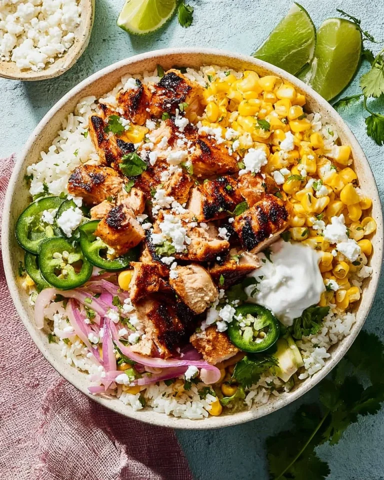 Street Corn Chicken Rice Bowl topped with fresh ingredients and spices