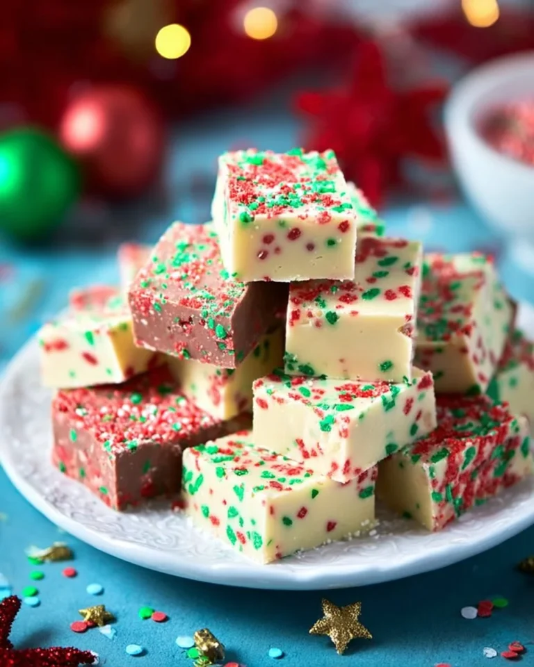Delicious sugar cookie fudge topped with festive sprinkles