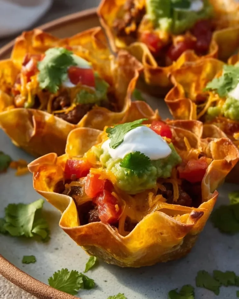 Delicious homemade taco cups served in crispy tortilla shells.