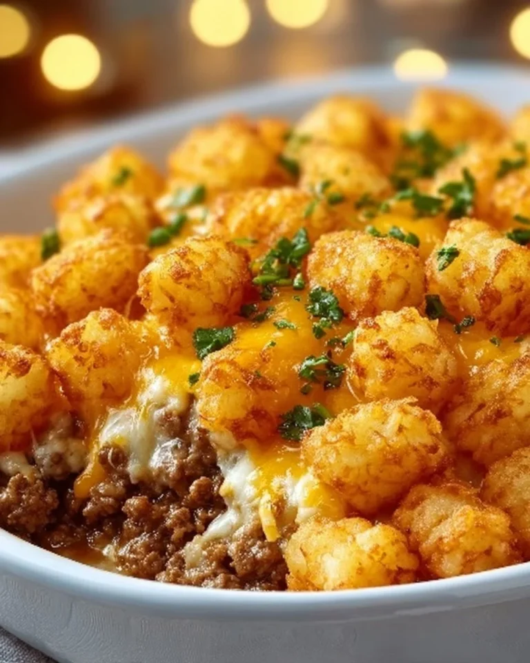 Delicious Tater Tot Casserole topped with cheese and crispy tots