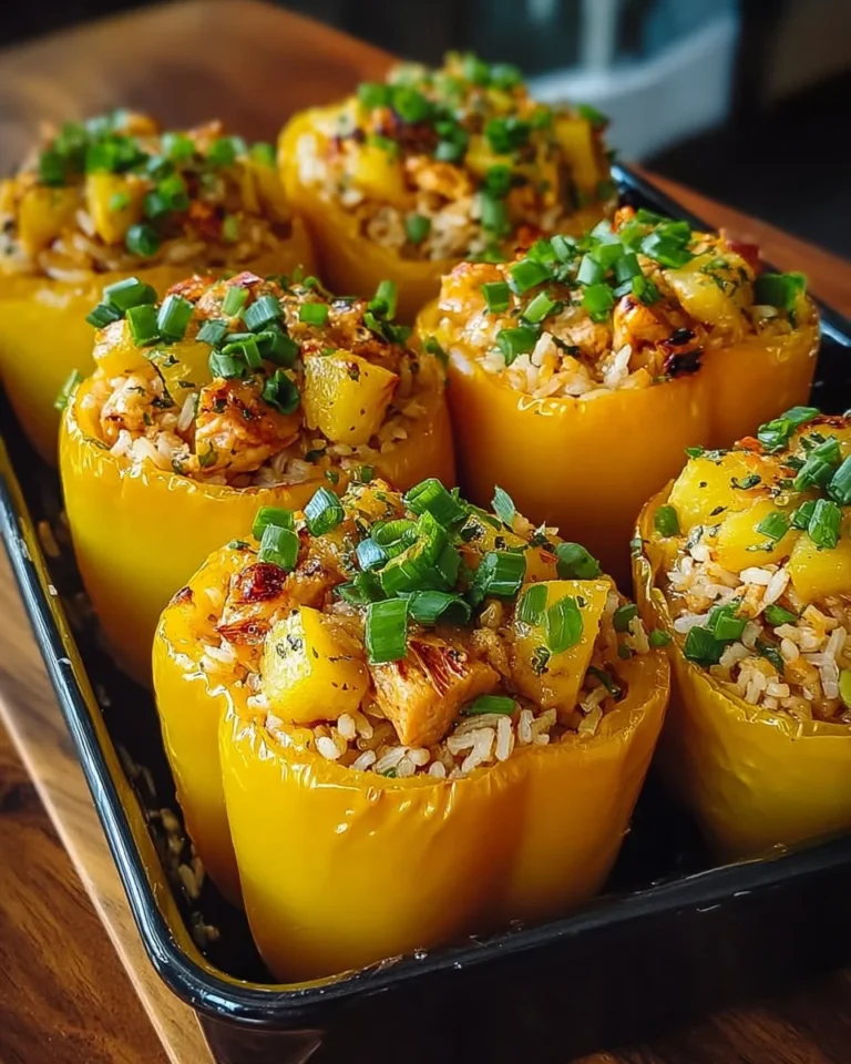 Teriyaki chicken and pineapple stuffed peppers on a wooden table.