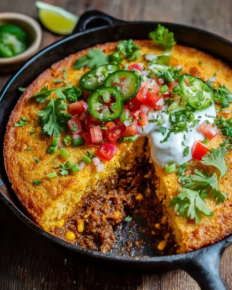 Delicious Texas Tamale Pie topped with cornbread and colorful vegetables