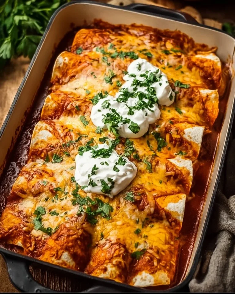 Delicious plate of quick and easy chicken enchiladas topped with cheese and sauce