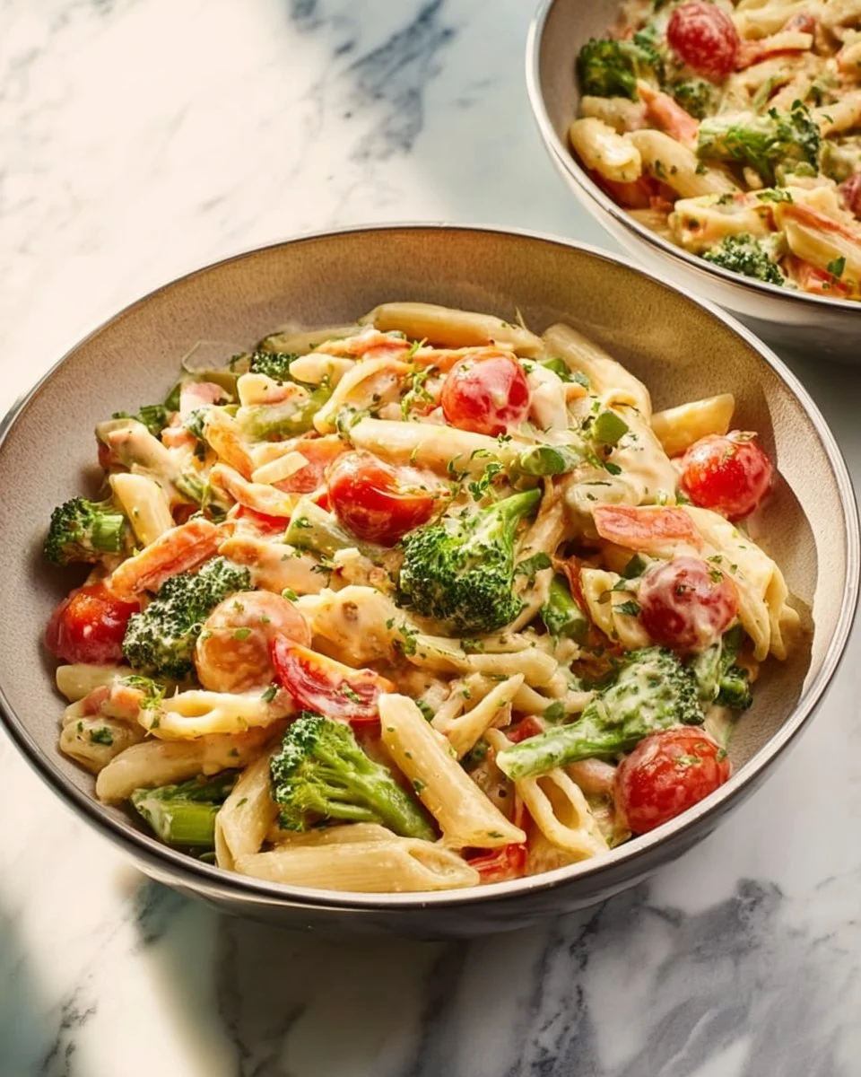 A bowl of colorful vegetable pasta with fresh veggies and herbs.