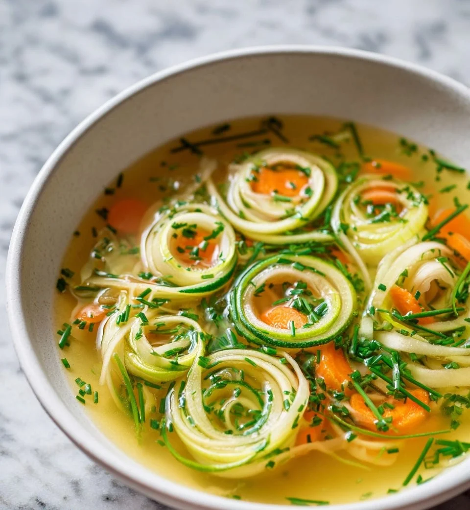Bowl of Flädlesuppe, traditional German pancake soup garnished with herbs.