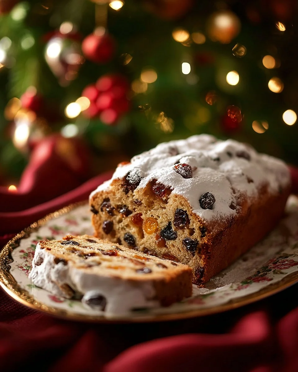 Freshly baked authentic German Stollen with fruits and nuts