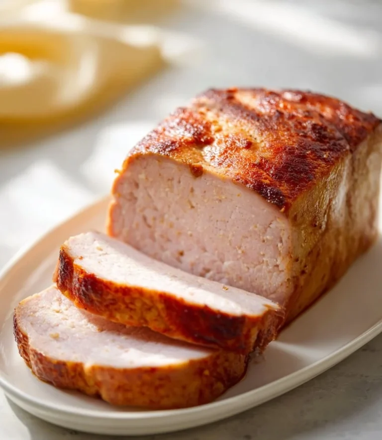 Homemade Bavarian liver cheese meatloaf recipe served with garnish.