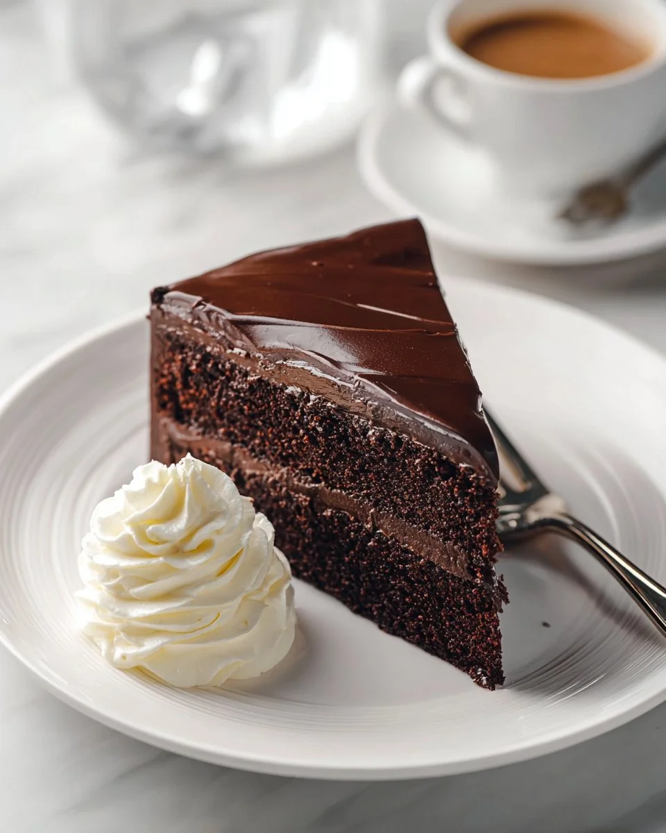 Slice of classic Sachertorte, an Austrian chocolate cake with rich flavor and texture.
