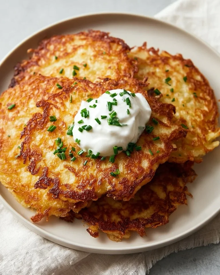 Plate of crispy German potato pancakes served with sour cream