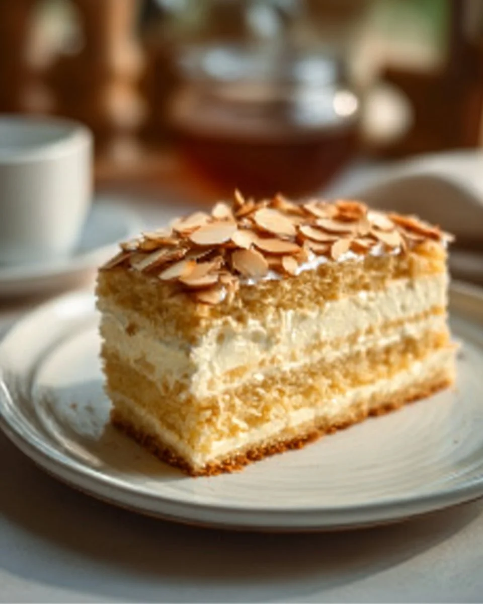 Bienenstich Cake, a traditional German dessert with creamy filling and honey almond topping