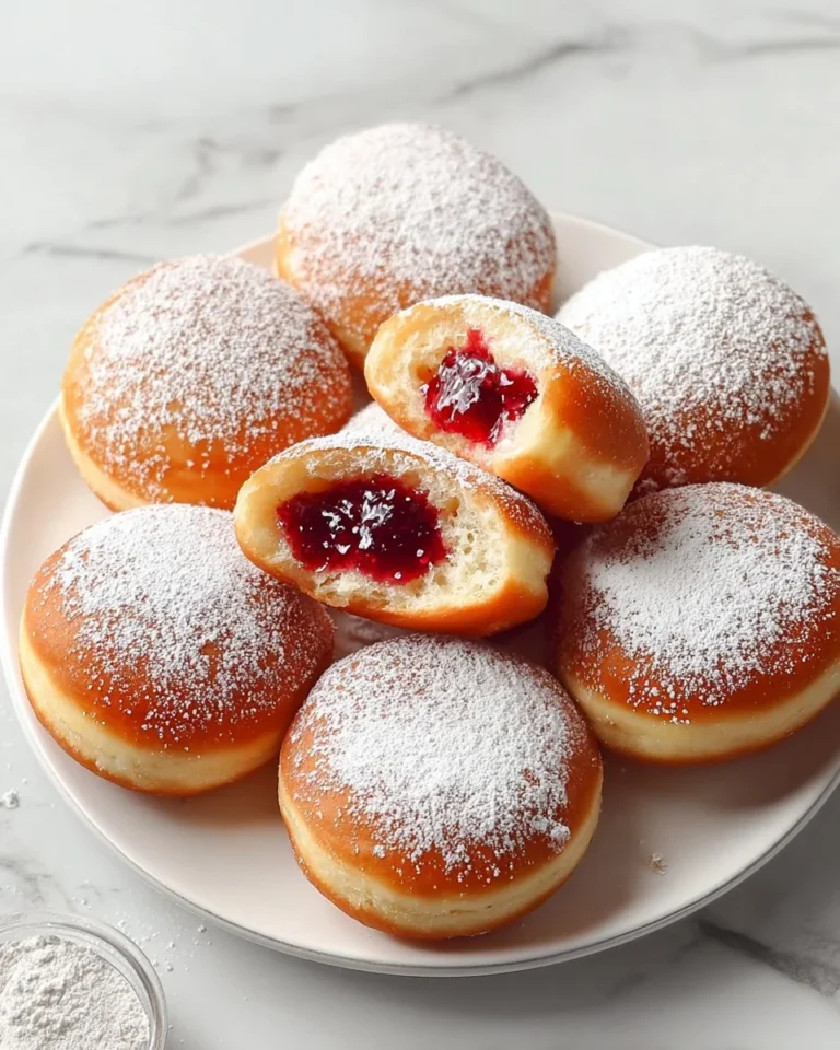 German Berliner jam-filled doughnuts on a plate dusted with powdered sugar