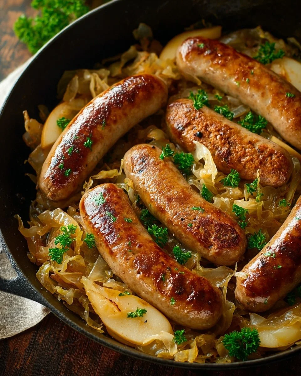 German bratwurst served with sauerkraut on a plate