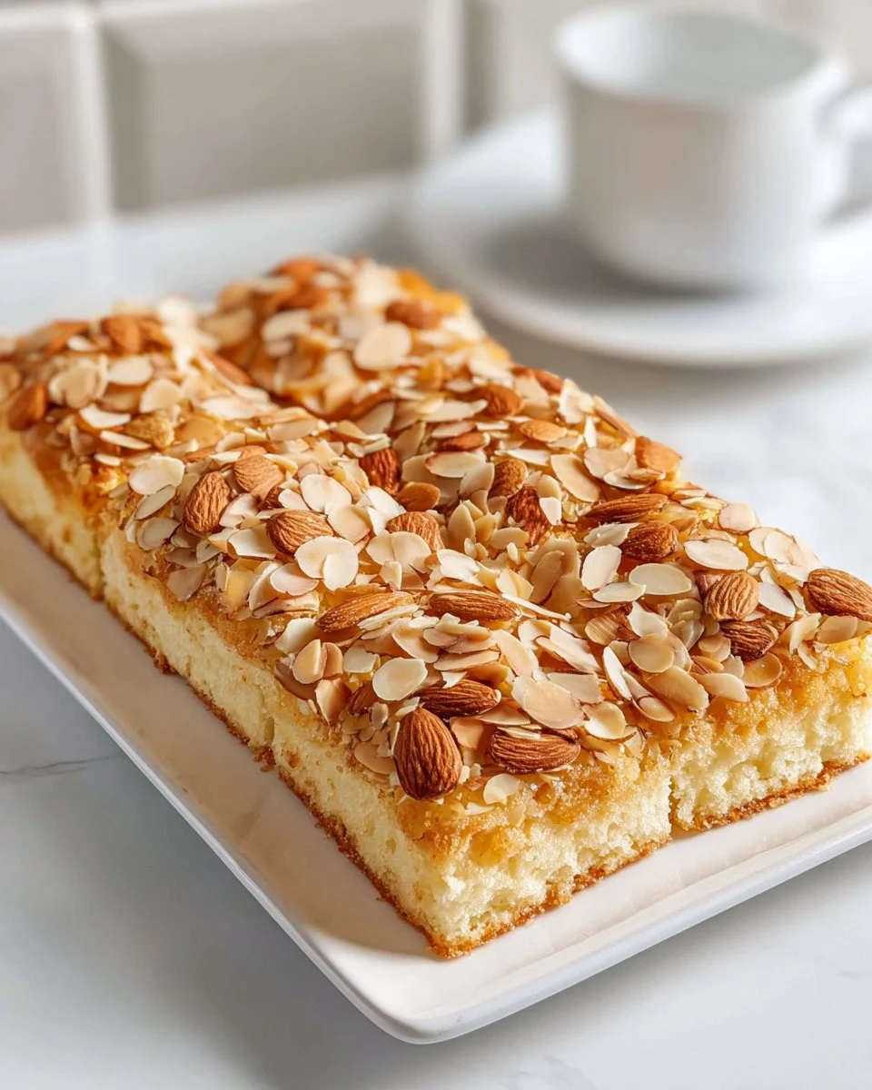 Slice of German Butter Cake topped with powdered sugar on a wooden table