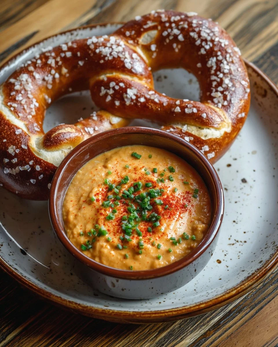 Obatzda, traditional German cheese and beer spread served with pretzels
