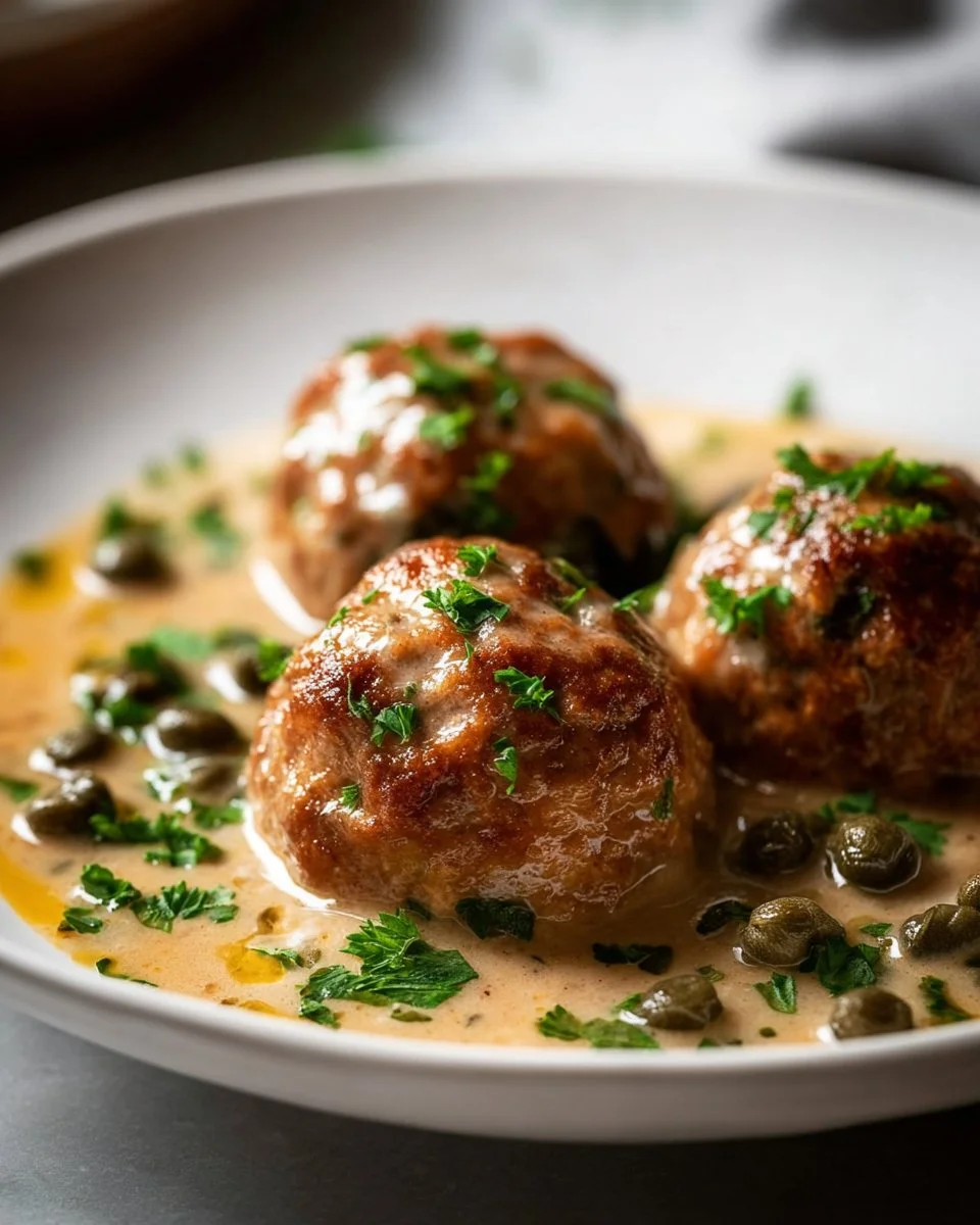 King'sberger Meatballs served in a rich caper sauce