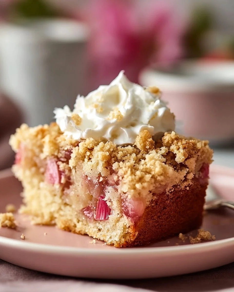 Slice of German rhubarb crumble cake on a plate with fresh rhubarb