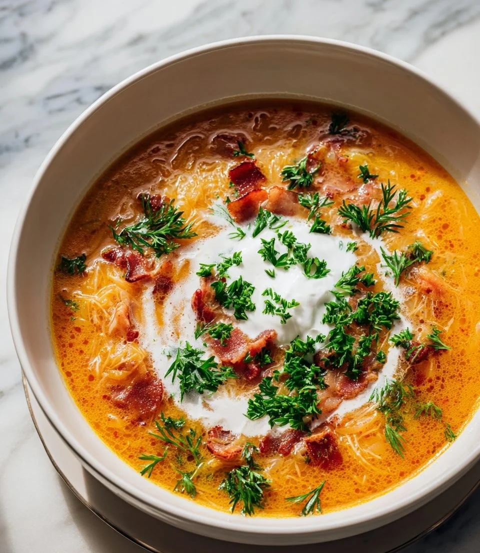 Bowl of traditional German Sauerkraut Soup garnished with herbs.