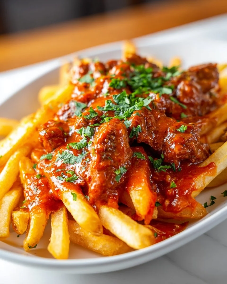 Delicious homemade curry sausage served with spices and herbs