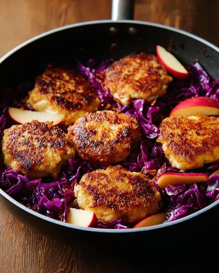Plate of Oktoberfest Chicken served with red cabbage and garnished.