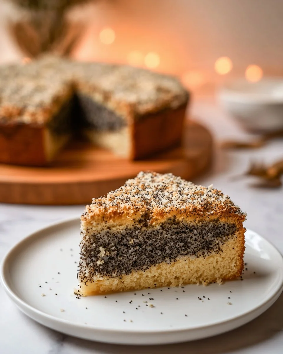 Delicious homemade poppy seed cake topped with frosting and fresh fruit