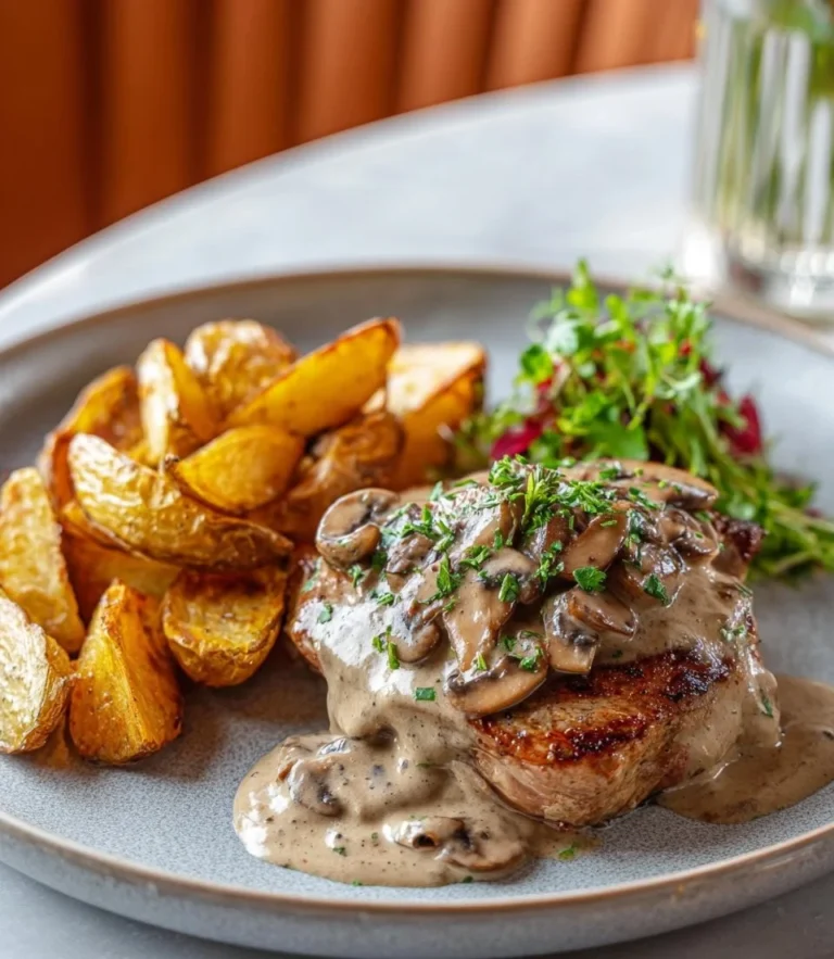 Juicy pork tenderloin served in a creamy sauce, garnished with herbs.